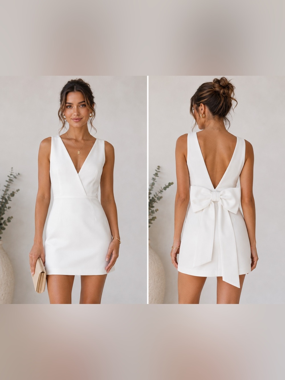 White V-Neck Sleeveless Dress with back bow detail